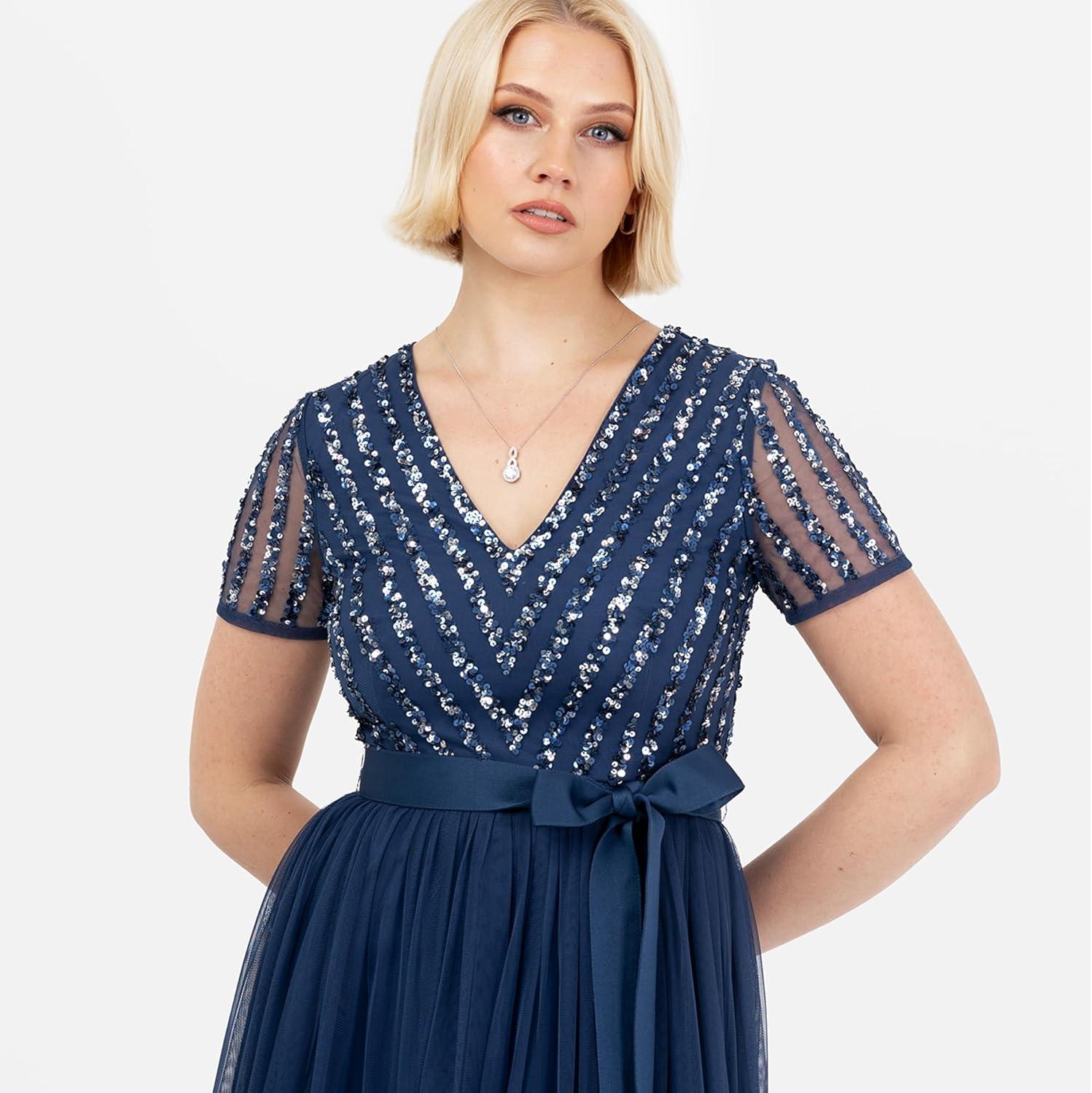 imageMaya Deluxe Robe Maxi pour FemmeCol en VManches Courteslgante Taille EmpireMariageFrench Navy