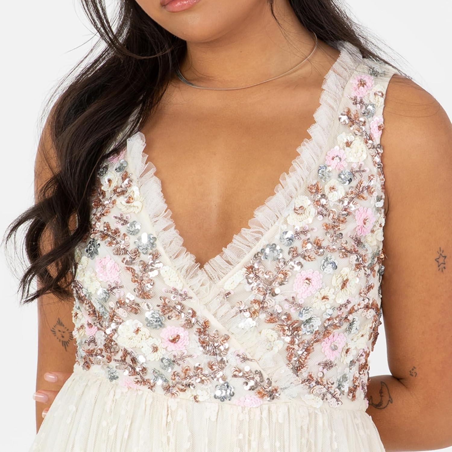 imageMaya Deluxe Womens Ladies Maxi Dress Sleeveless VNeckline Wrap Tiered Ruffle Sequin Embellished Embroidered Tulle ALine Ball GownEcru