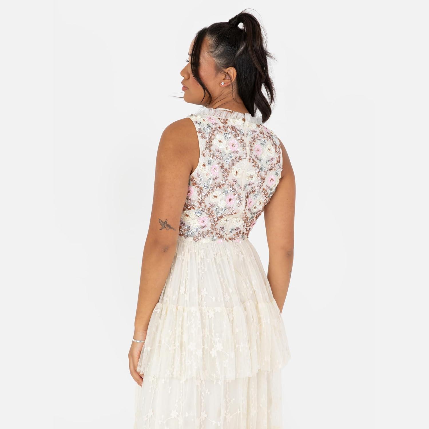 imageMaya Deluxe Womens Ladies Maxi Dress Sleeveless VNeckline Wrap Tiered Ruffle Sequin Embellished Embroidered Tulle ALine Ball GownEcru