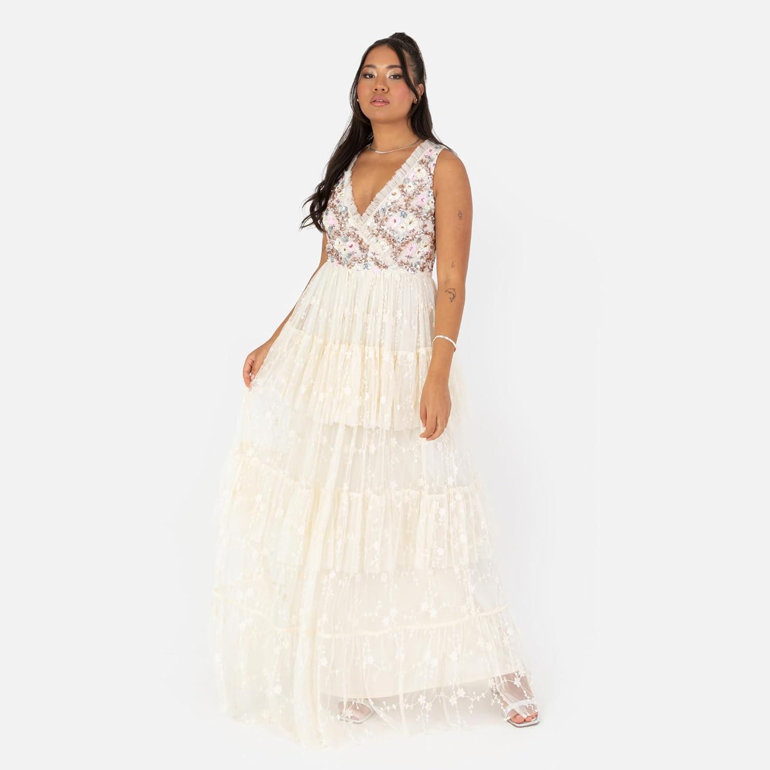 imageMaya Deluxe Womens Ladies Maxi Dress Sleeveless VNeckline Wrap Tiered Ruffle Sequin Embellished Embroidered Tulle ALine Ball GownEcru