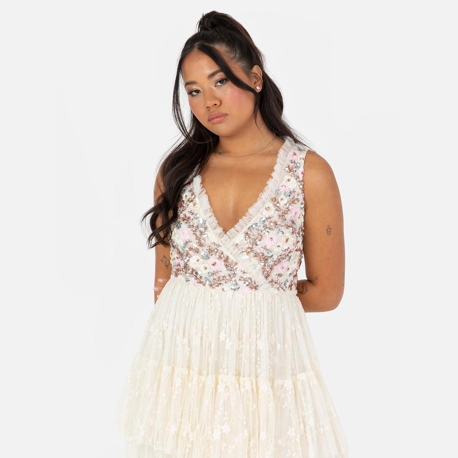 imageMaya Deluxe Womens Ladies Maxi Dress Sleeveless VNeckline Wrap Tiered Ruffle Sequin Embellished Embroidered Tulle ALine Ball GownEcru