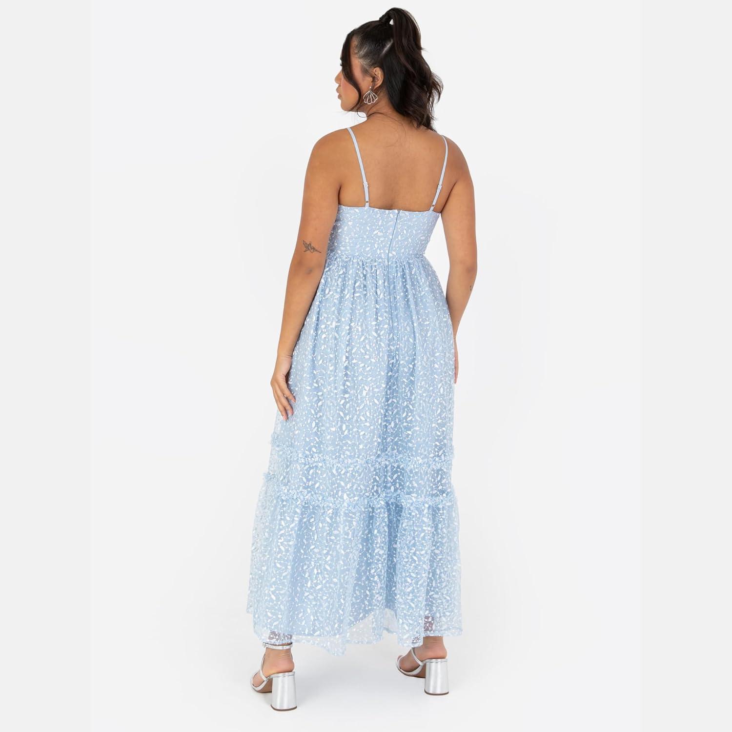 imageMaya Deluxe Womens Ladies Midi Dress Sleeveless VNeck Cami Sequin Embellished Embroidered Ruffles for Wedding Guest Prom Ball Gown Robe FemmeBleu