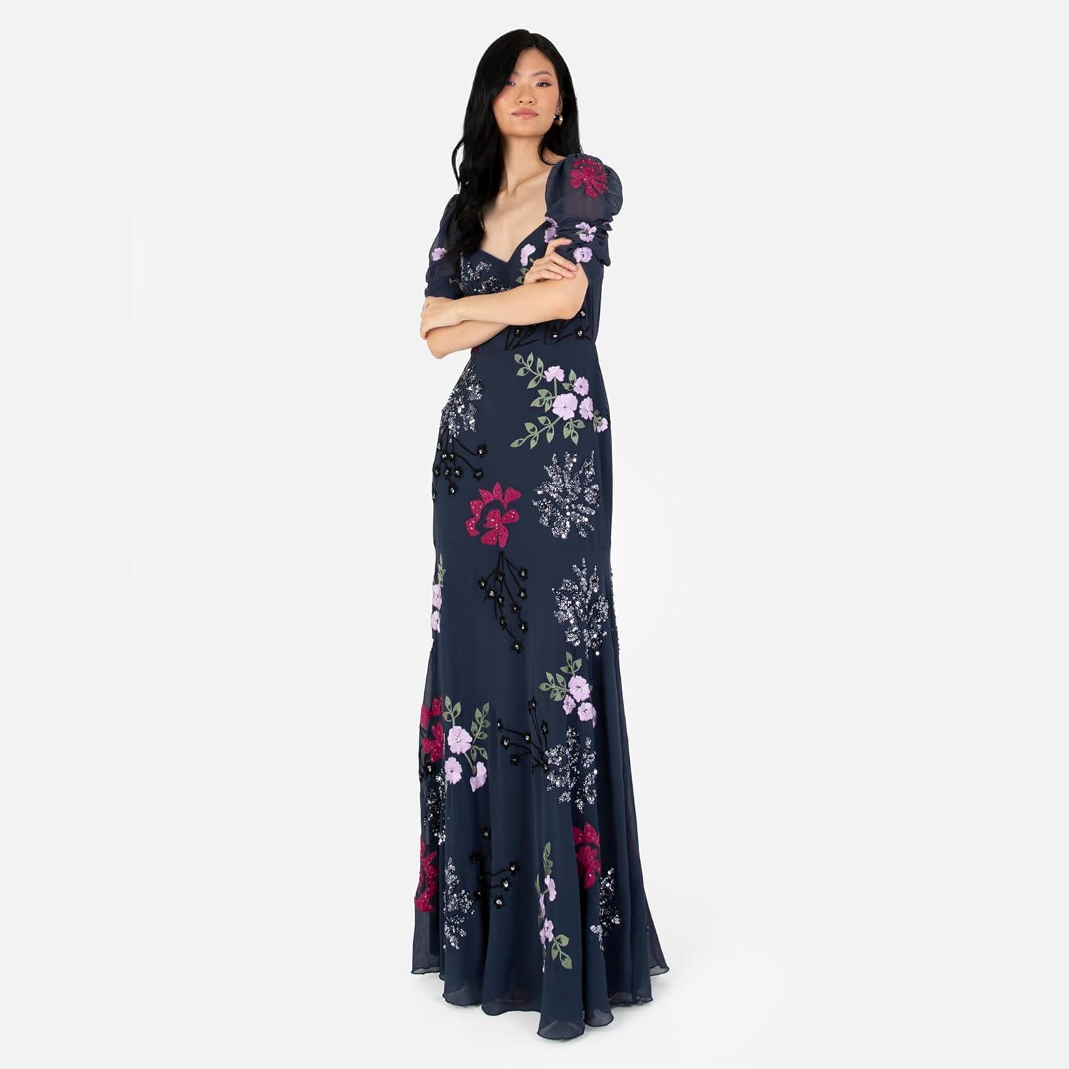 imageMaya Deluxe Womens Maxi Dress Ladies Embroidered Sweetheart Neckline Ruched Sleeves for Wedding Guest Bridesmaid Prom Ball Gown Robe FemmeNavy