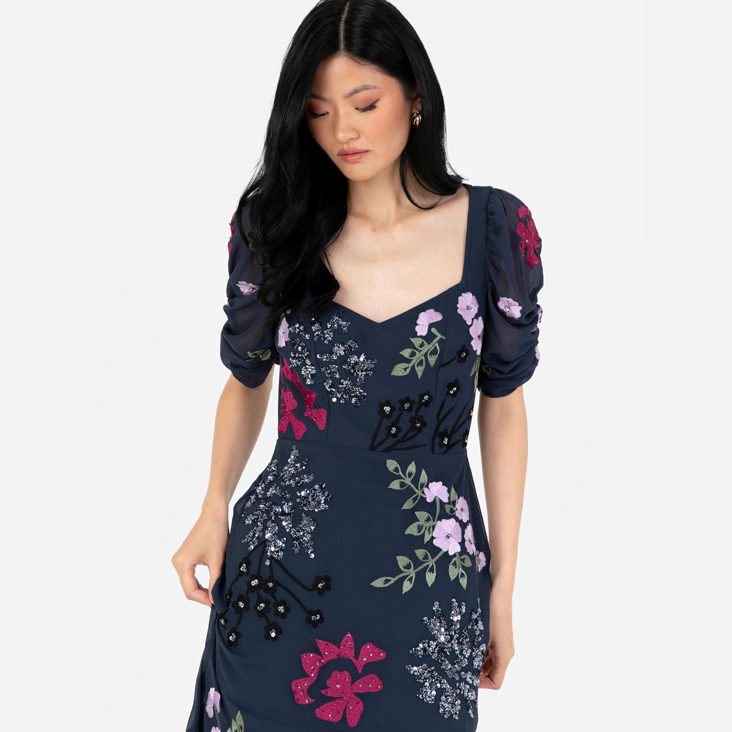 imageMaya Deluxe Womens Maxi Dress Ladies Embroidered Sweetheart Neckline Ruched Sleeves for Wedding Guest Bridesmaid Prom Ball Gown Robe FemmeNavy