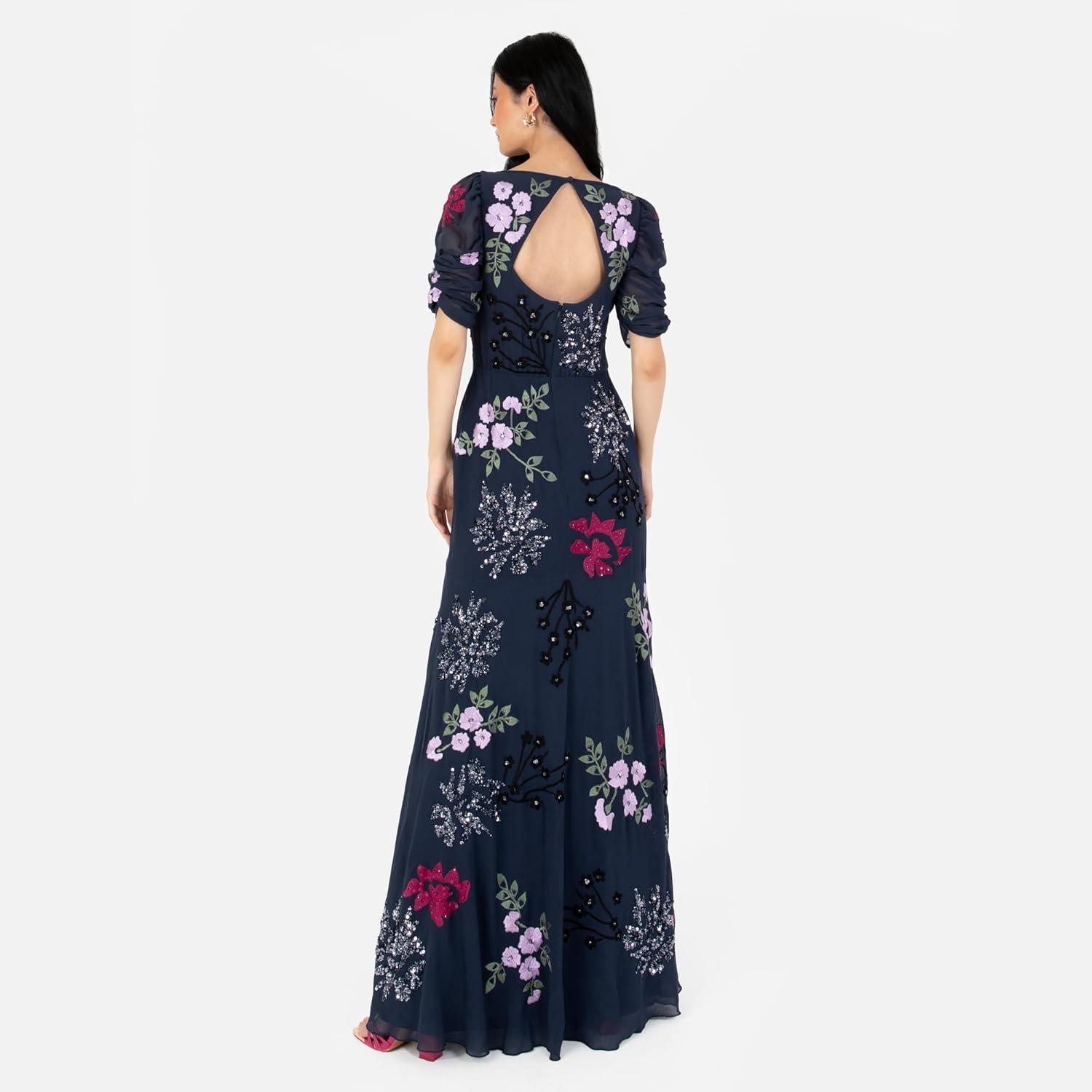 imageMaya Deluxe Womens Maxi Dress Ladies Embroidered Sweetheart Neckline Ruched Sleeves for Wedding Guest Bridesmaid Prom Ball Gown Robe FemmeNavy