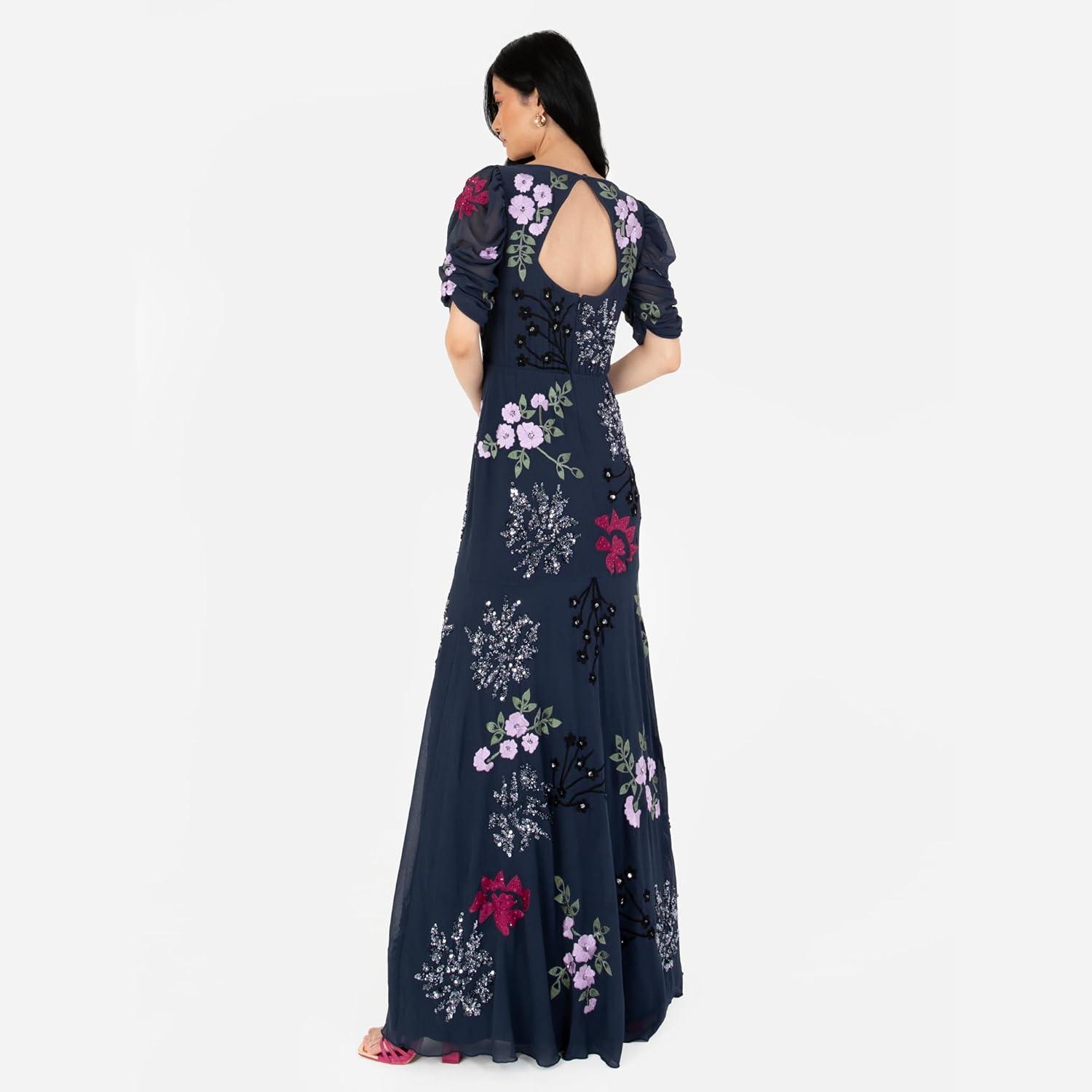 imageMaya Deluxe Womens Maxi Dress Ladies Embroidered Sweetheart Neckline Ruched Sleeves for Wedding Guest Bridesmaid Prom Ball Gown Robe FemmeNavy