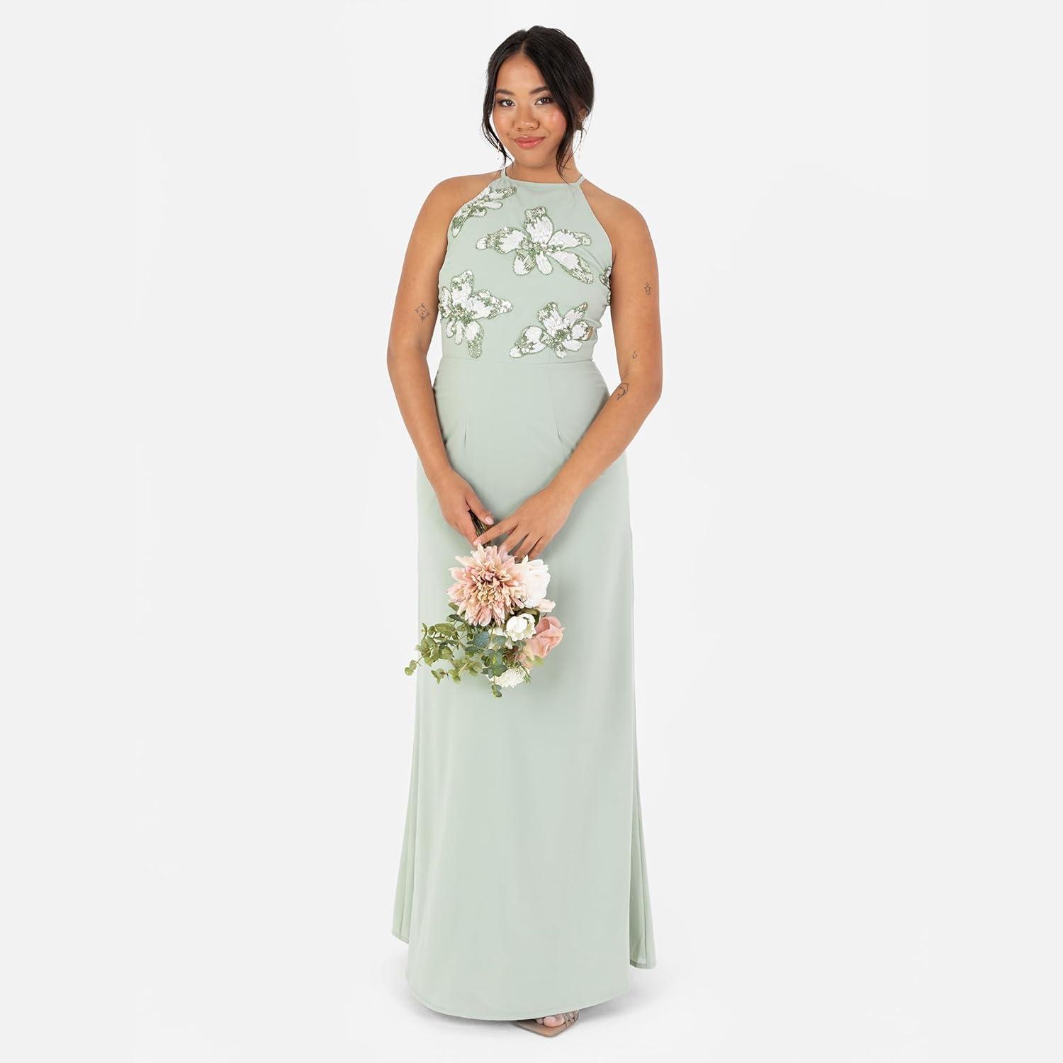 imageMaya Deluxe Womens Maxi Dress Ladies Sleeveless Halterneck Floral Sequin Embellished ALine for Wedding Guest Evening Ball Gown Robe FemmeGreen Lily
