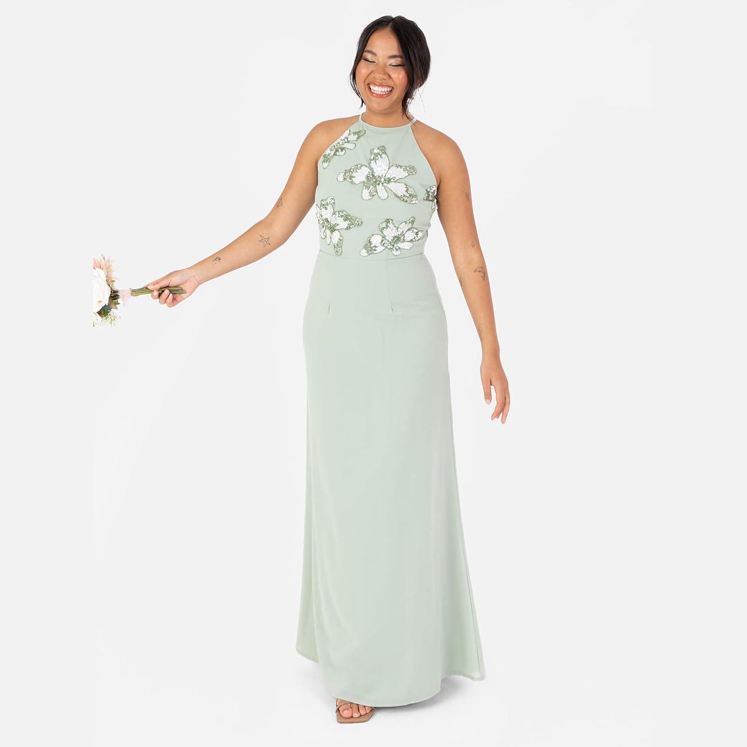 imageMaya Deluxe Womens Maxi Dress Ladies Sleeveless Halterneck Floral Sequin Embellished ALine for Wedding Guest Evening Ball Gown Robe FemmeGreen Lily