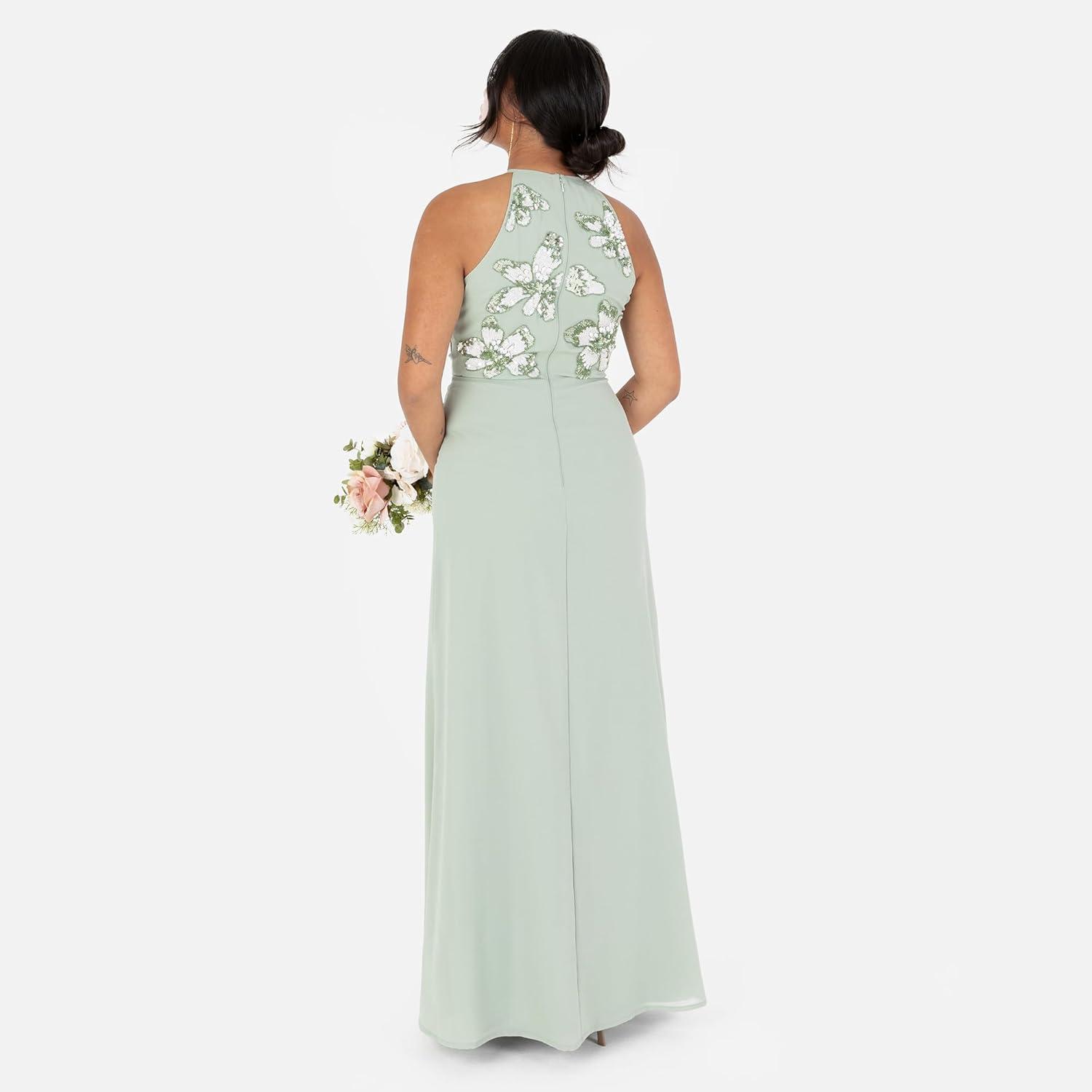 imageMaya Deluxe Womens Maxi Dress Ladies Sleeveless Halterneck Floral Sequin Embellished ALine for Wedding Guest Evening Ball Gown Robe FemmeGreen Lily