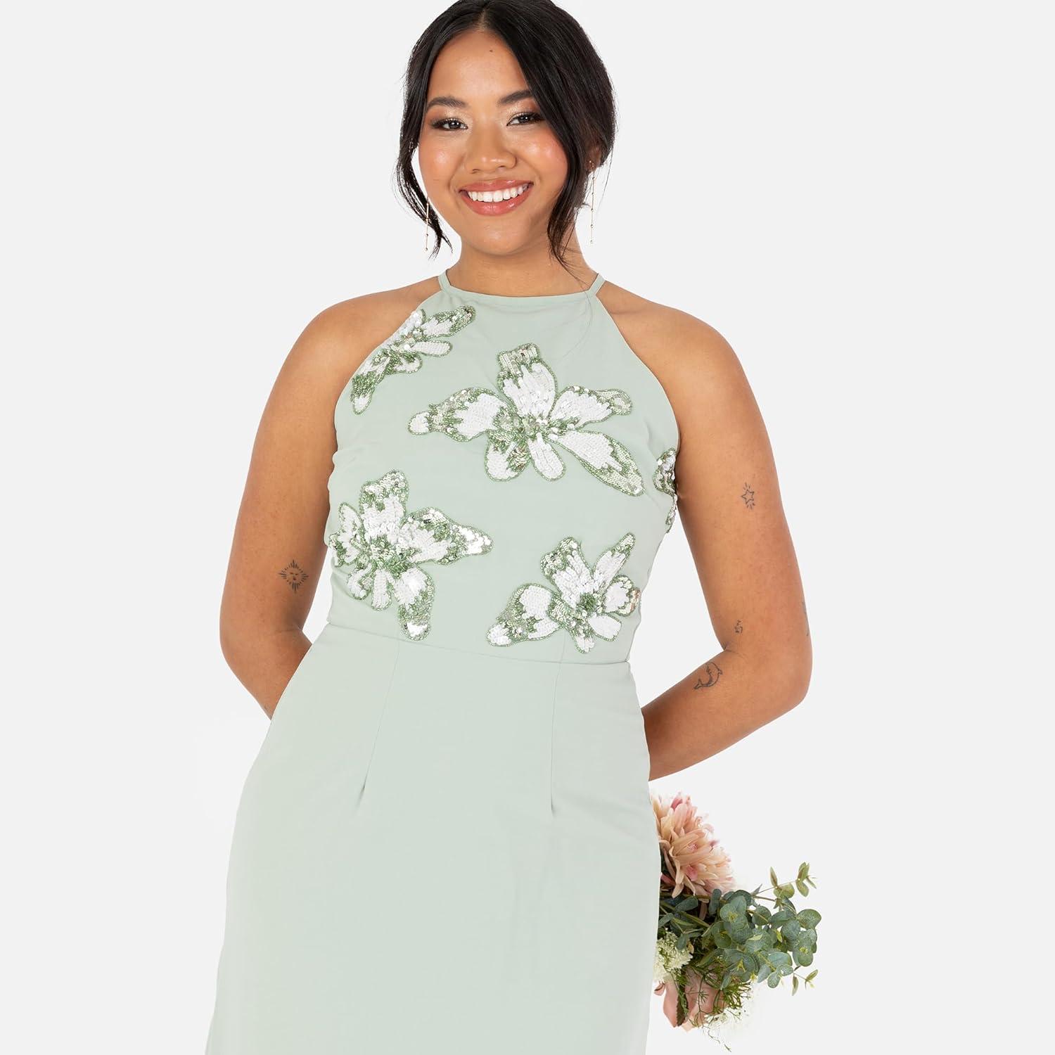 imageMaya Deluxe Womens Maxi Dress Ladies Sleeveless Halterneck Floral Sequin Embellished ALine for Wedding Guest Evening Ball Gown Robe FemmeGreen Lily