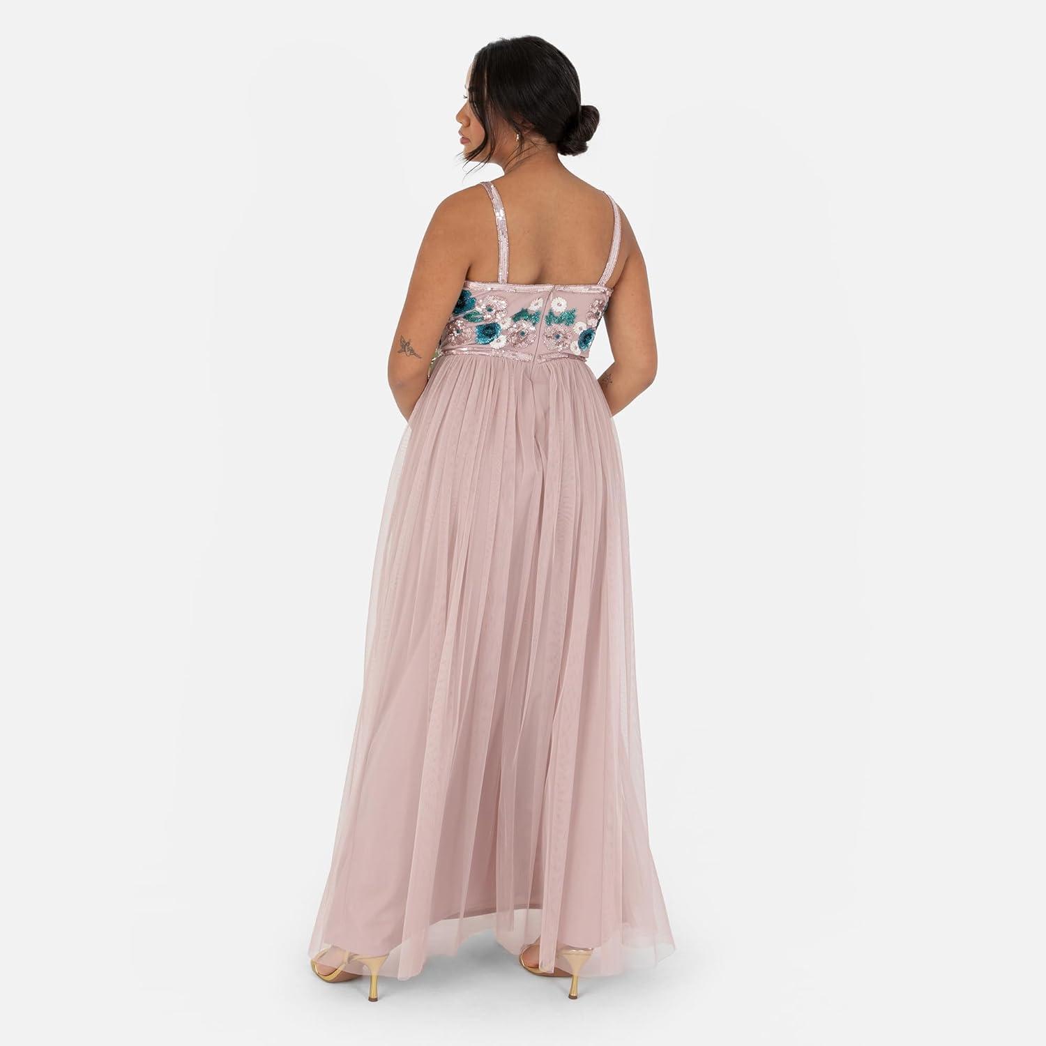 imageMaya Deluxe Womens Maxi Dress Ladies Sleeveless Plunge VNeck Cami Floral Sequin Embellished Tulle ALine for Occasion Ball Gown Robe FemmeFrosted Pink