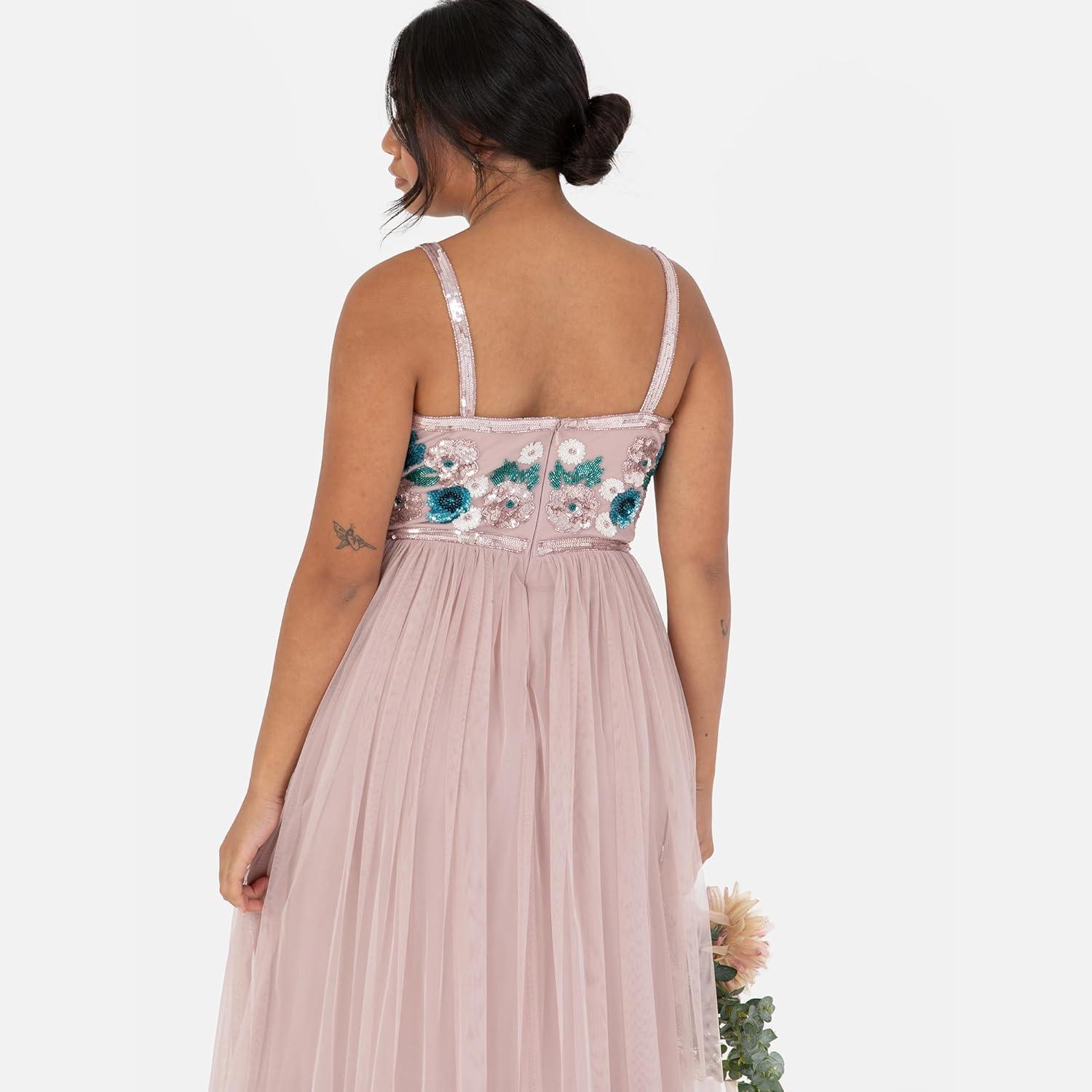 imageMaya Deluxe Womens Maxi Dress Ladies Sleeveless Plunge VNeck Cami Floral Sequin Embellished Tulle ALine for Occasion Ball Gown Robe FemmeFrosted Pink
