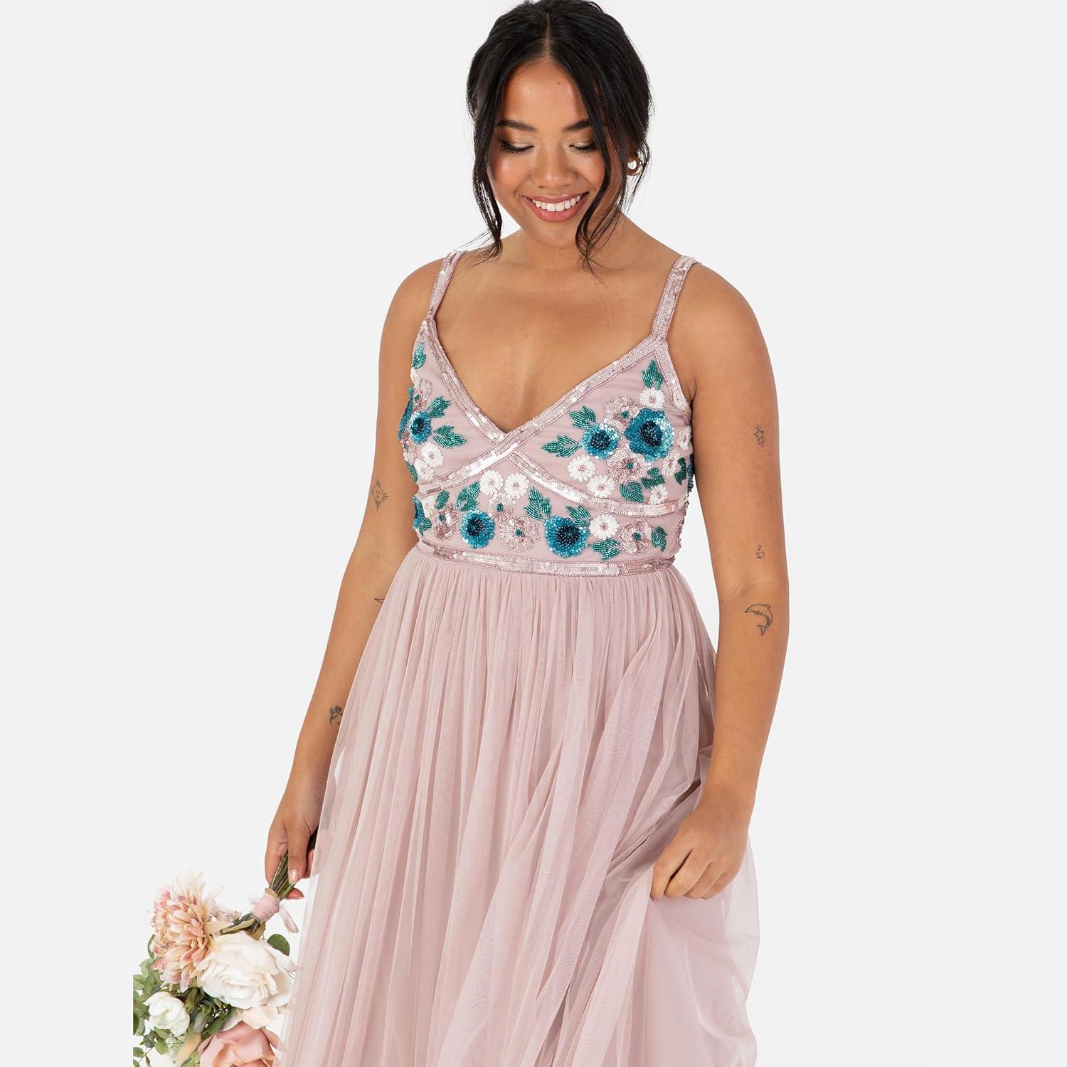 imageMaya Deluxe Womens Maxi Dress Ladies Sleeveless Plunge VNeck Cami Floral Sequin Embellished Tulle ALine for Occasion Ball Gown Robe FemmeFrosted Pink