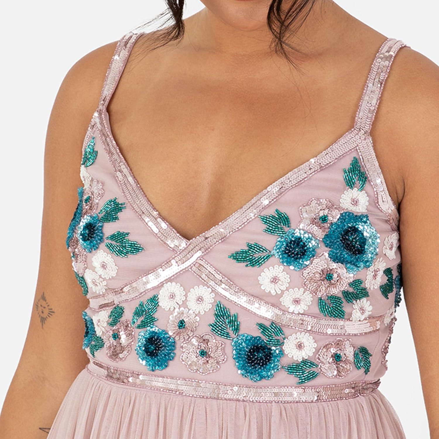 imageMaya Deluxe Womens Maxi Dress Ladies Sleeveless Plunge VNeck Cami Floral Sequin Embellished Tulle ALine for Occasion Ball Gown Robe FemmeFrosted Pink