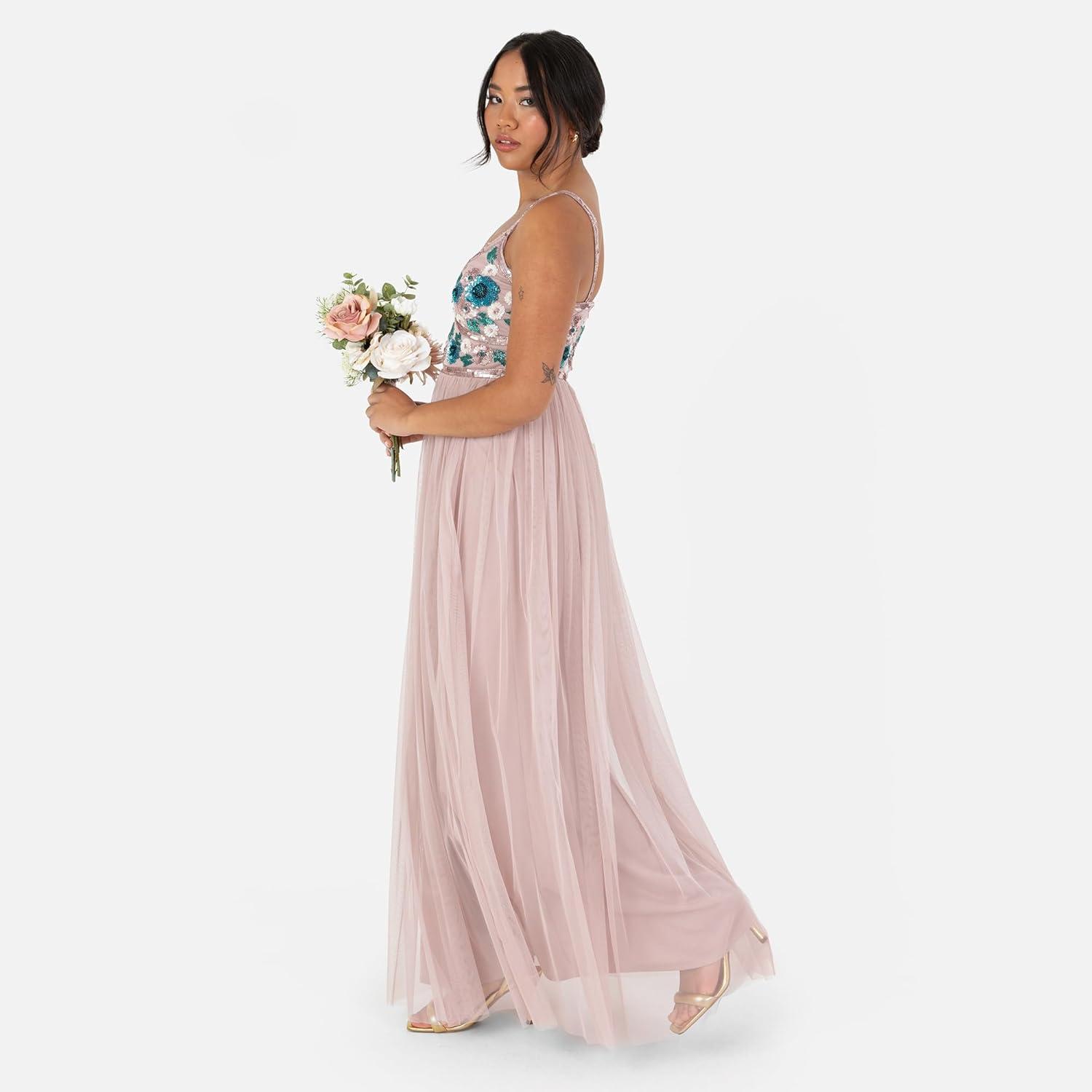 imageMaya Deluxe Womens Maxi Dress Ladies Sleeveless Plunge VNeck Cami Floral Sequin Embellished Tulle ALine for Occasion Ball Gown Robe FemmeFrosted Pink