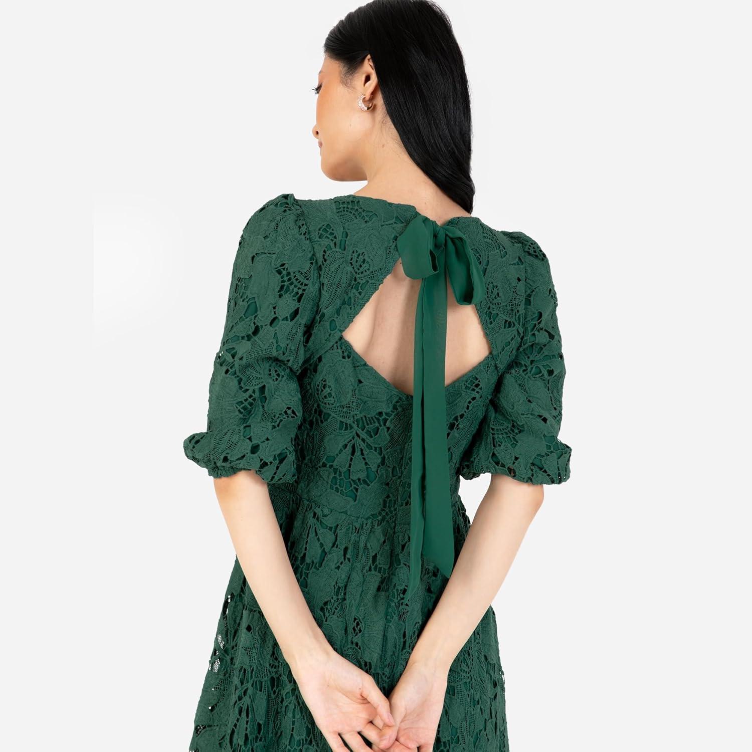 imageMaya Deluxe Womens Midaxi Dress V Neckline Puff Sleeve Lace ALine for Wedding Guest Bridesmaid Cocktail Prom Evening Occasion Robe FemmeEmerald Green