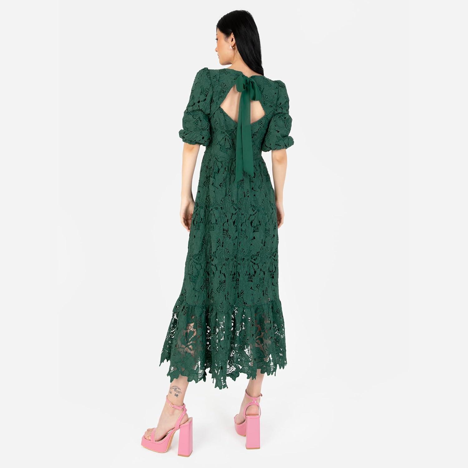 imageMaya Deluxe Womens Midaxi Dress V Neckline Puff Sleeve Lace ALine for Wedding Guest Bridesmaid Cocktail Prom Evening Occasion Robe FemmeEmerald Green
