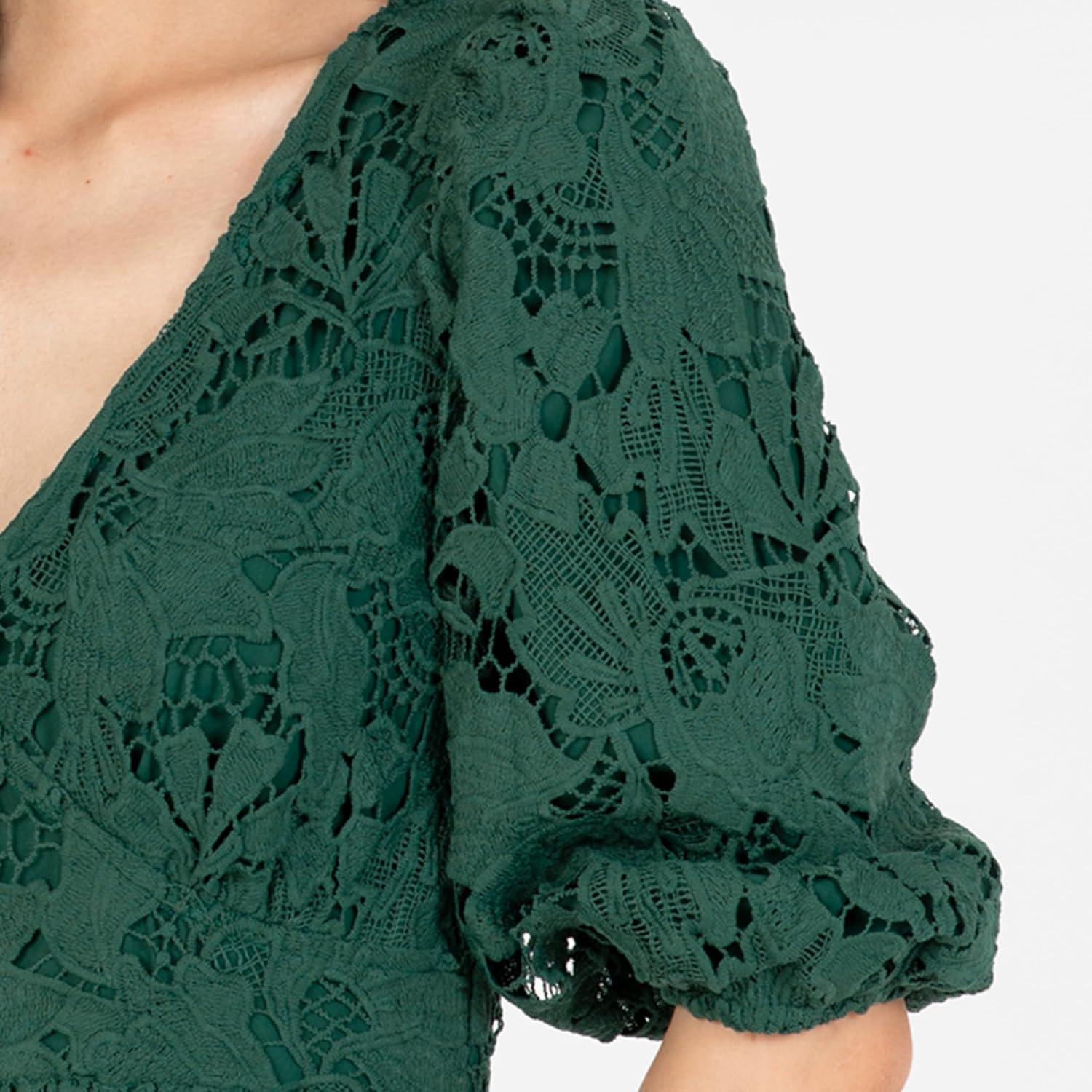 imageMaya Deluxe Womens Midaxi Dress V Neckline Puff Sleeve Lace ALine for Wedding Guest Bridesmaid Cocktail Prom Evening Occasion Robe FemmeEmerald Green