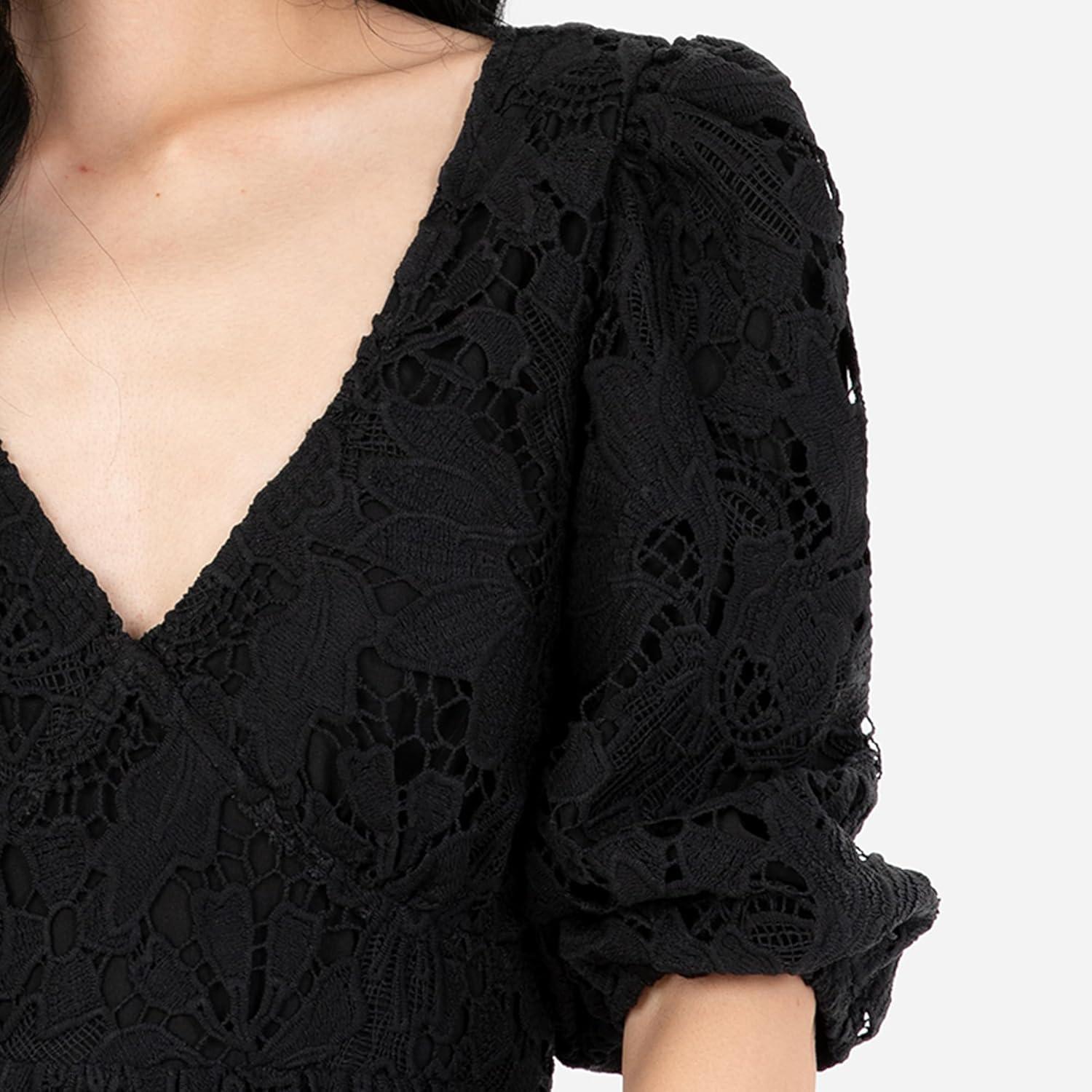 imageMaya Deluxe Womens Midaxi Dress V Neckline Puff Sleeve Lace ALine for Wedding Guest Bridesmaid Cocktail Prom Evening Occasion Robe FemmeNoir