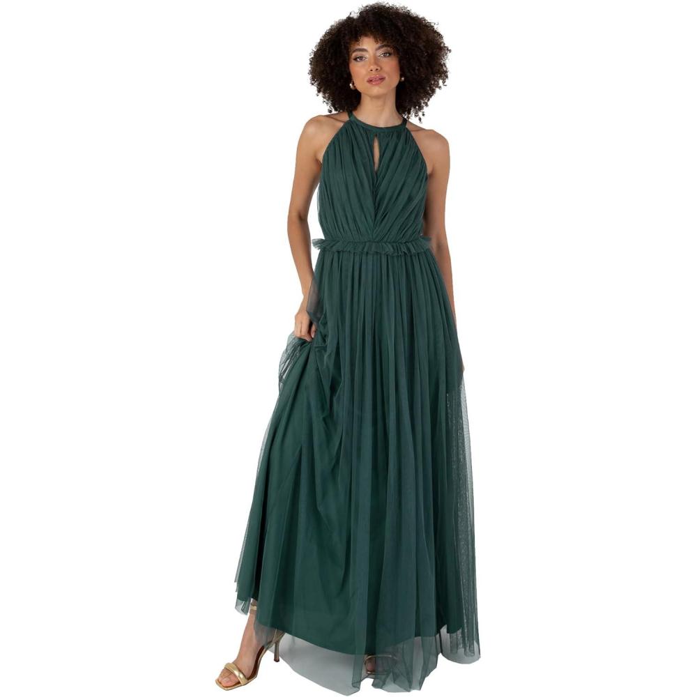imageAnaya with Love Womens Maxi Dress Ladies Sleeveless Halterneck Ruffle Empire ALine for Wedding Guest Bridesmaid Ball Evening Occasion FemmeEmerald Green