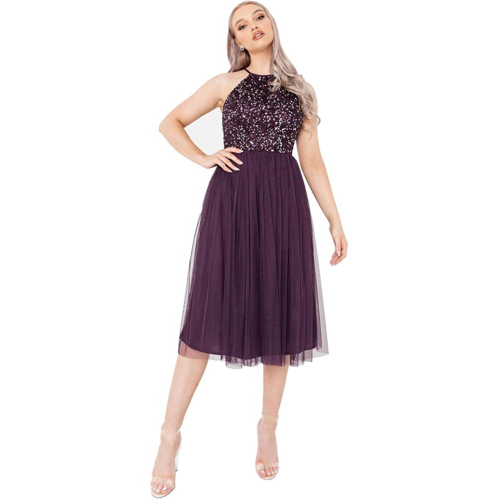 imageMaya Deluxe Femme Midi Col Licou Demoiselles dhonneur Robe de Soire Pailettes Bal de Promo dhonneurBaie