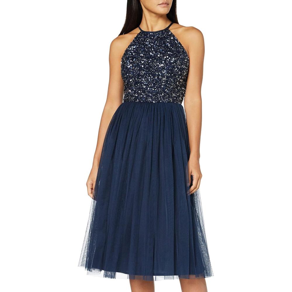 imageMaya Deluxe Femme Midi Col Licou Demoiselles dhonneur Robe de Soire Pailettes Bal de Promo dhonneurBleu Marine