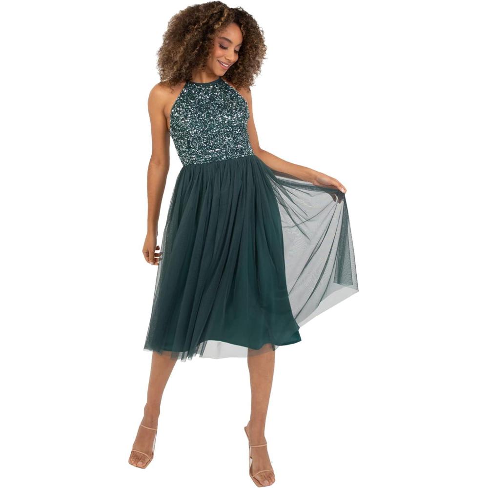 imageMaya Deluxe Femme Midi Col Licou Demoiselles dhonneur Robe de Soire Pailettes Bal de Promo dhonneurEmerald Green