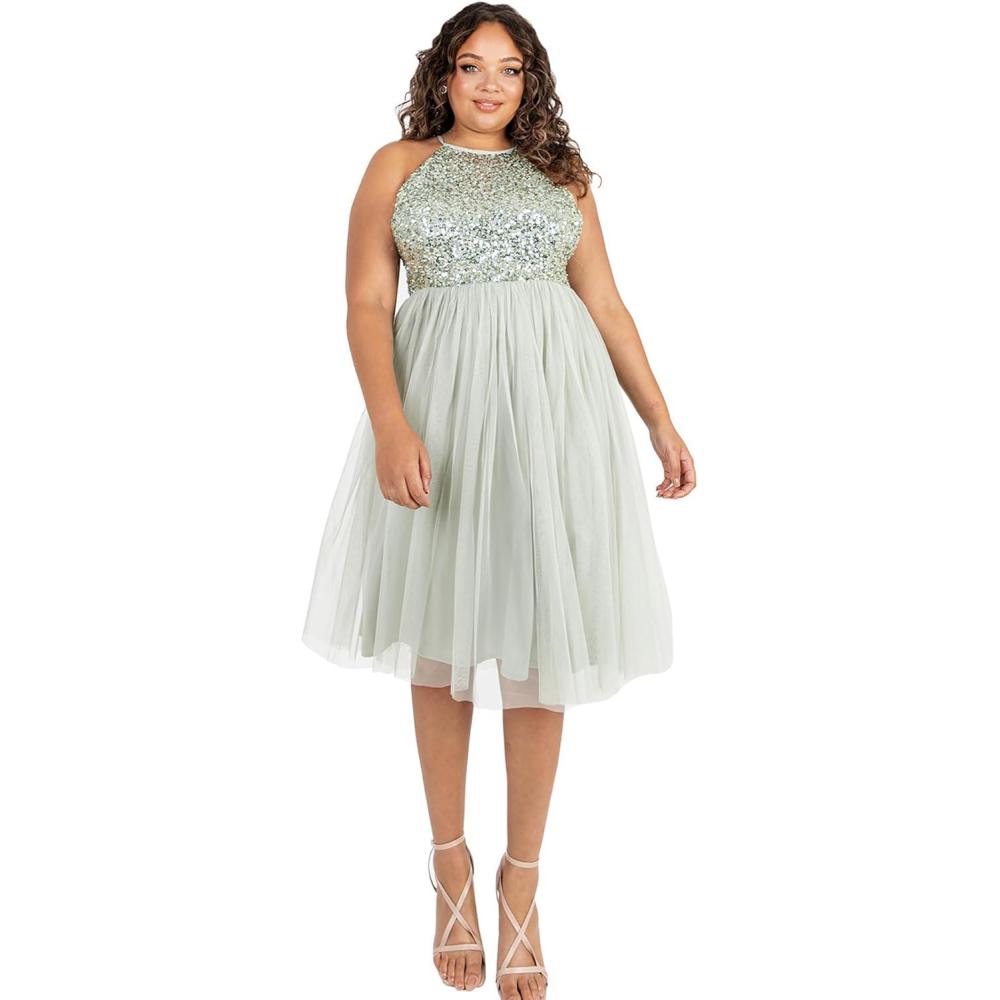 imageMaya Deluxe Femme Midi Col Licou Demoiselles dhonneur Robe de Soire Pailettes Bal de Promo dhonneurLys Vert