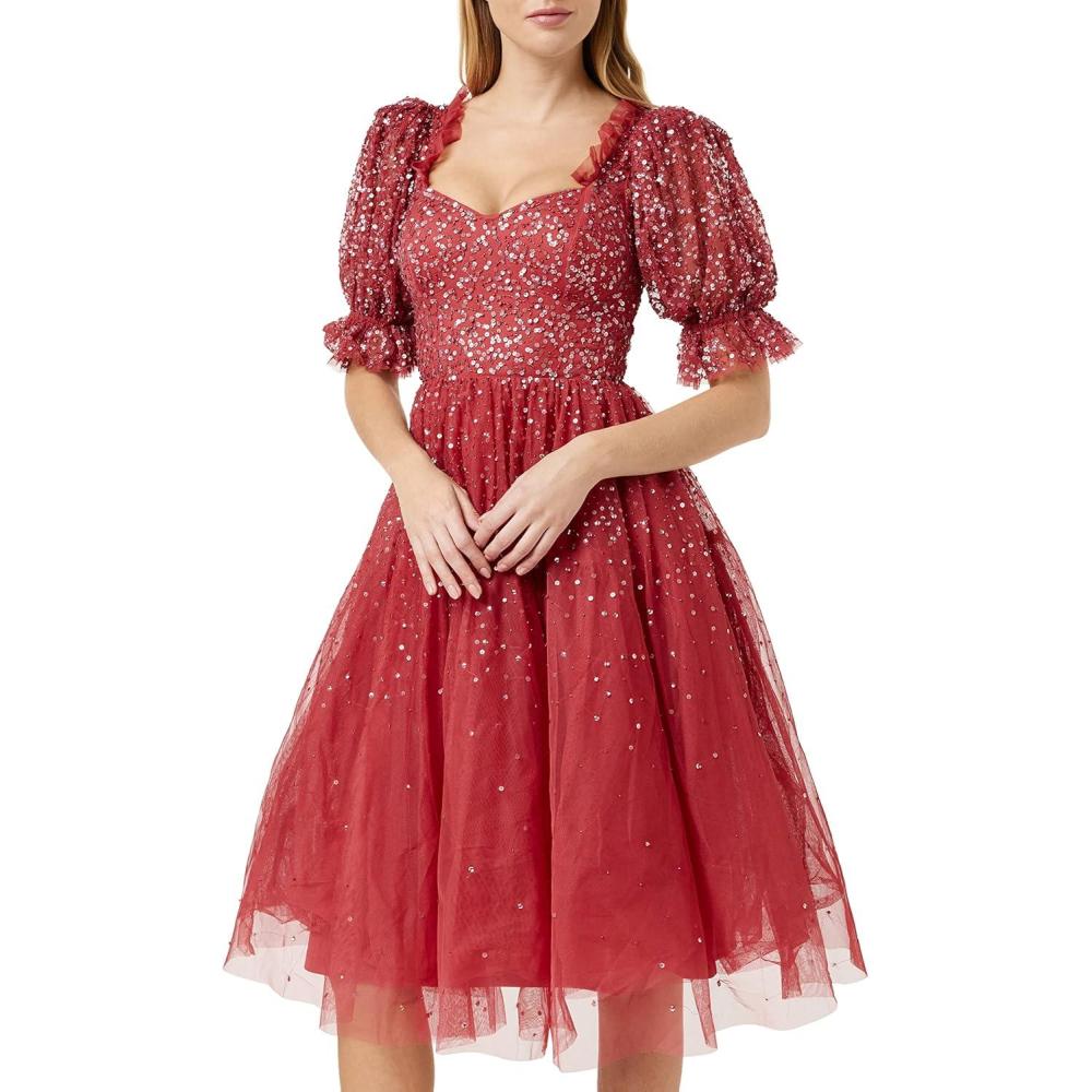 imageMaya Deluxe Ladies Dress for Women Midi Sequin Embellished Frilly Sweetheart Neckline Puffed Sleeves for Wedding Guest Prom Evening Robe Femme Lot de 1Vermillion