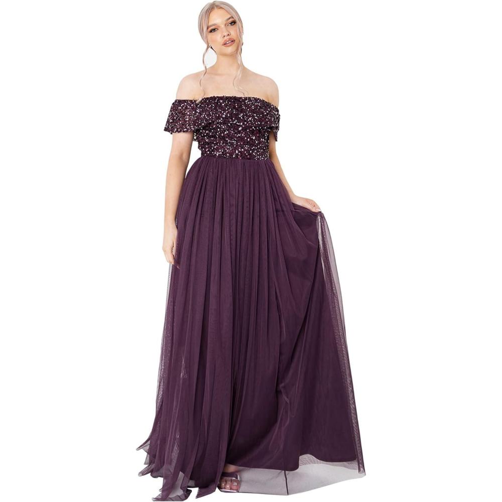 imageMaya Deluxe Maya Berry Bardot Embellished Maxi Dress Robe de Demoiselle dhonneur FemmeBerry