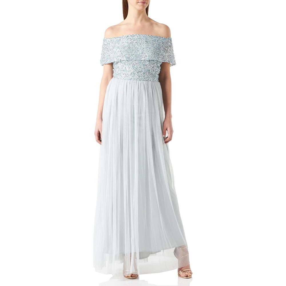 imageMaya Deluxe Maya Berry Bardot Embellished Maxi Dress Robe de Demoiselle dhonneur FemmeBleu Glace