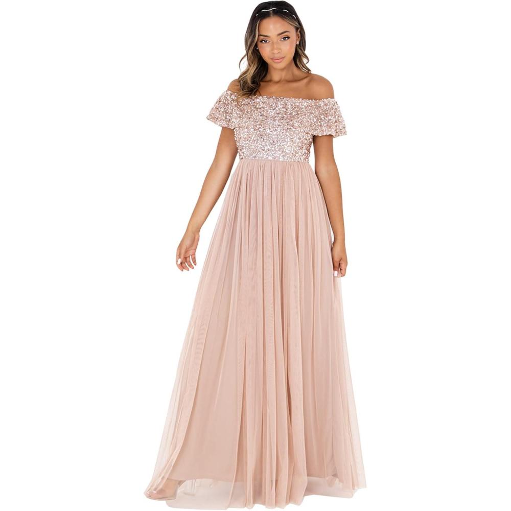 imageMaya Deluxe Maya Berry Bardot Embellished Maxi Dress Robe de Demoiselle dhonneur FemmeBlush Taupe