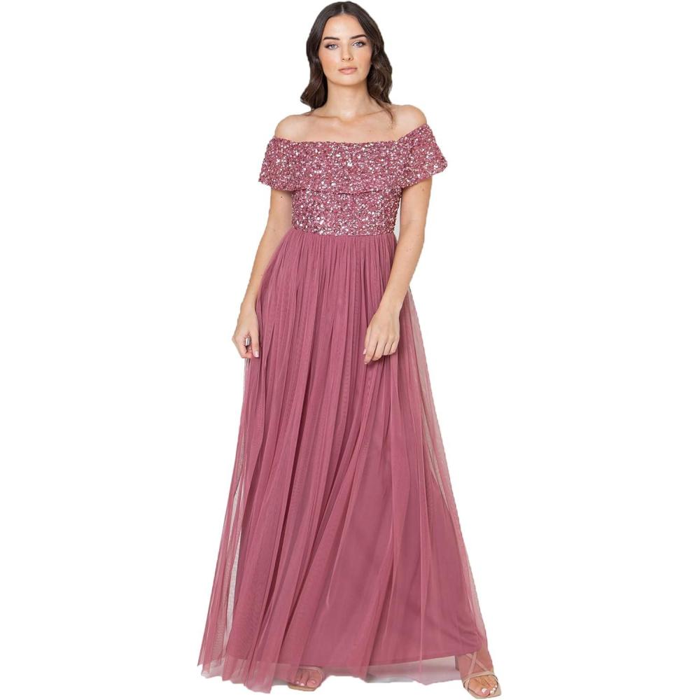 imageMaya Deluxe Maya Berry Bardot Embellished Maxi Dress Robe de Demoiselle dhonneur FemmeDesert Rose