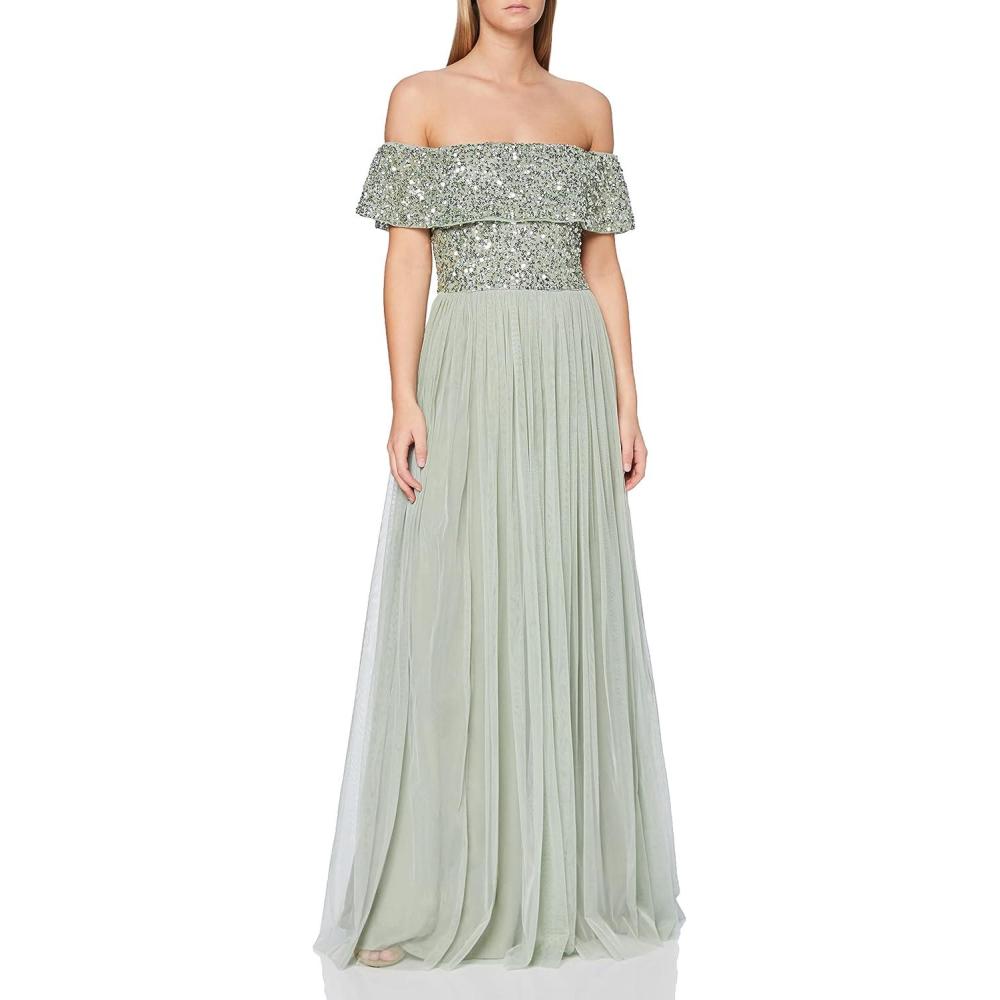 imageMaya Deluxe Maya Berry Bardot Embellished Maxi Dress Robe de Demoiselle dhonneur FemmeGreen Lilly