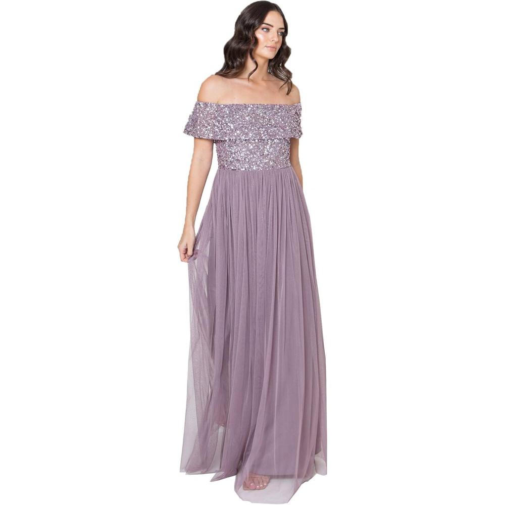imageMaya Deluxe Maya Berry Bardot Embellished Maxi Dress Robe de Demoiselle dhonneur FemmeLilas Moody