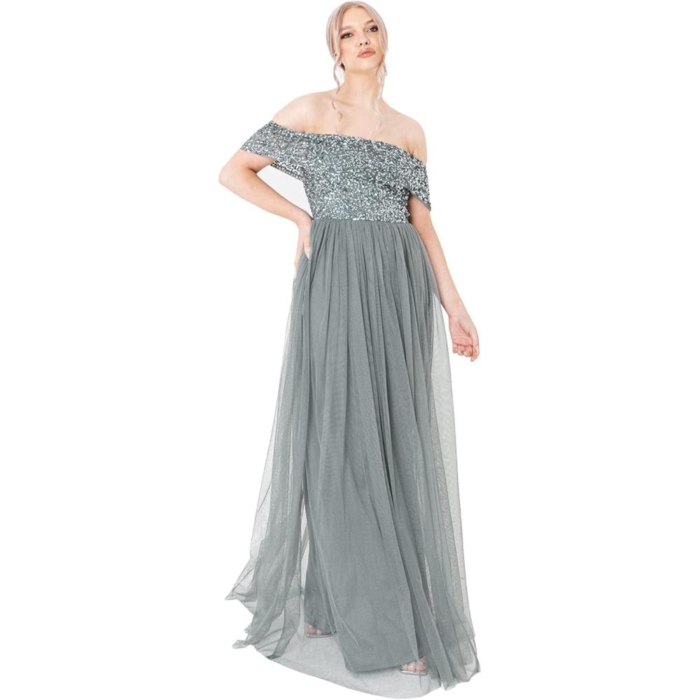 imageMaya Deluxe Maya Berry Bardot Embellished Maxi Dress Robe de Demoiselle dhonneur FemmeVert Bruyant