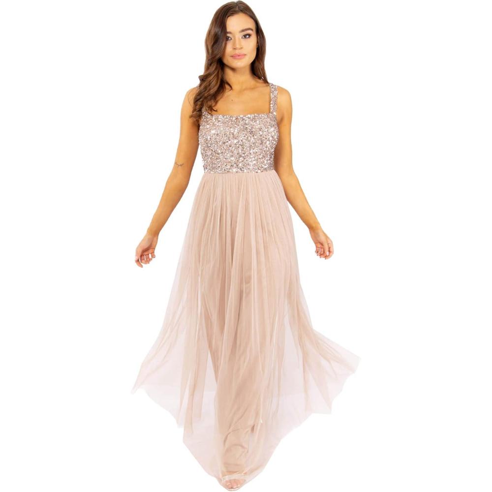 imageMaya Deluxe Maya Deluxe Ladies Womens Maxi Dress Wide Straps Sleevless Square Neckline Embellished for Wedding Guest Prom Robe de Demoiselle dhonneur FemmeRose Clair Taupe