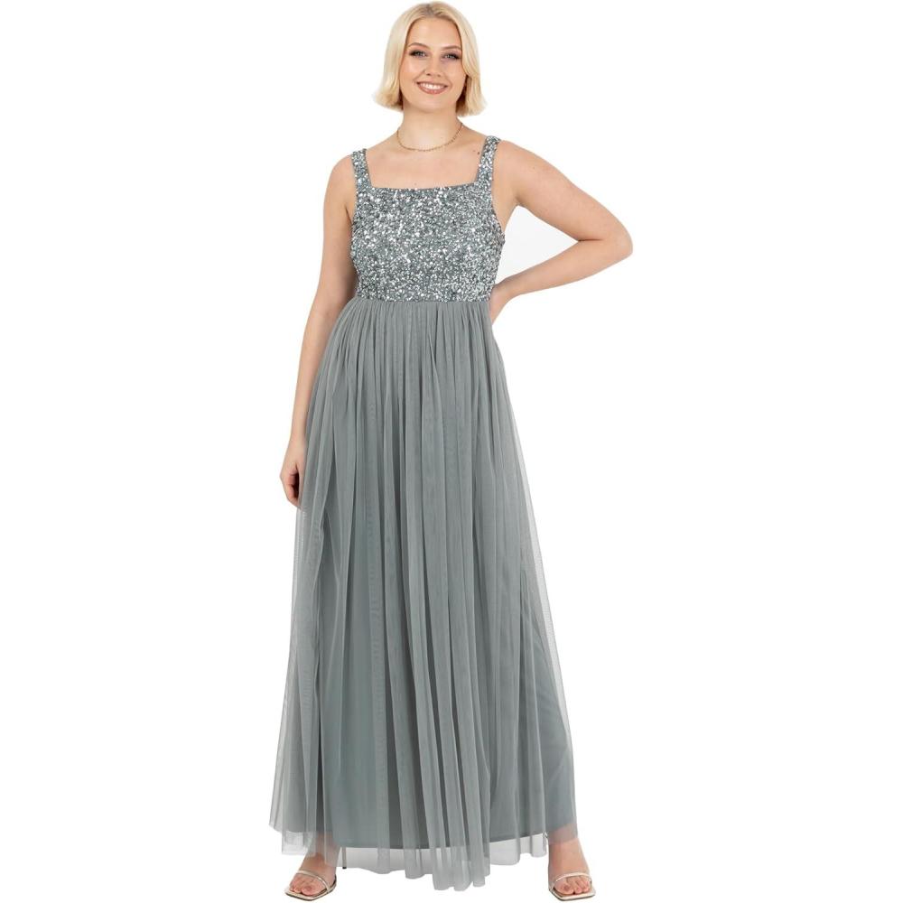 imageMaya Deluxe Maya Deluxe Ladies Womens Maxi Dress Wide Straps Sleevless Square Neckline Embellished for Wedding Guest Prom Robe de Demoiselle dhonneur FemmeMisty Green