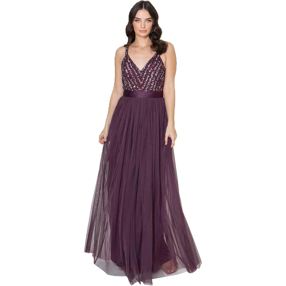 imageMaya Deluxe Maya Deluxe Robe de Soire Femme Maxi Robe de Soire Longue sans Manches Robe Demoiselle dhonneur Col V Crmonie Robe de Bal Femme Lot de 1Baie