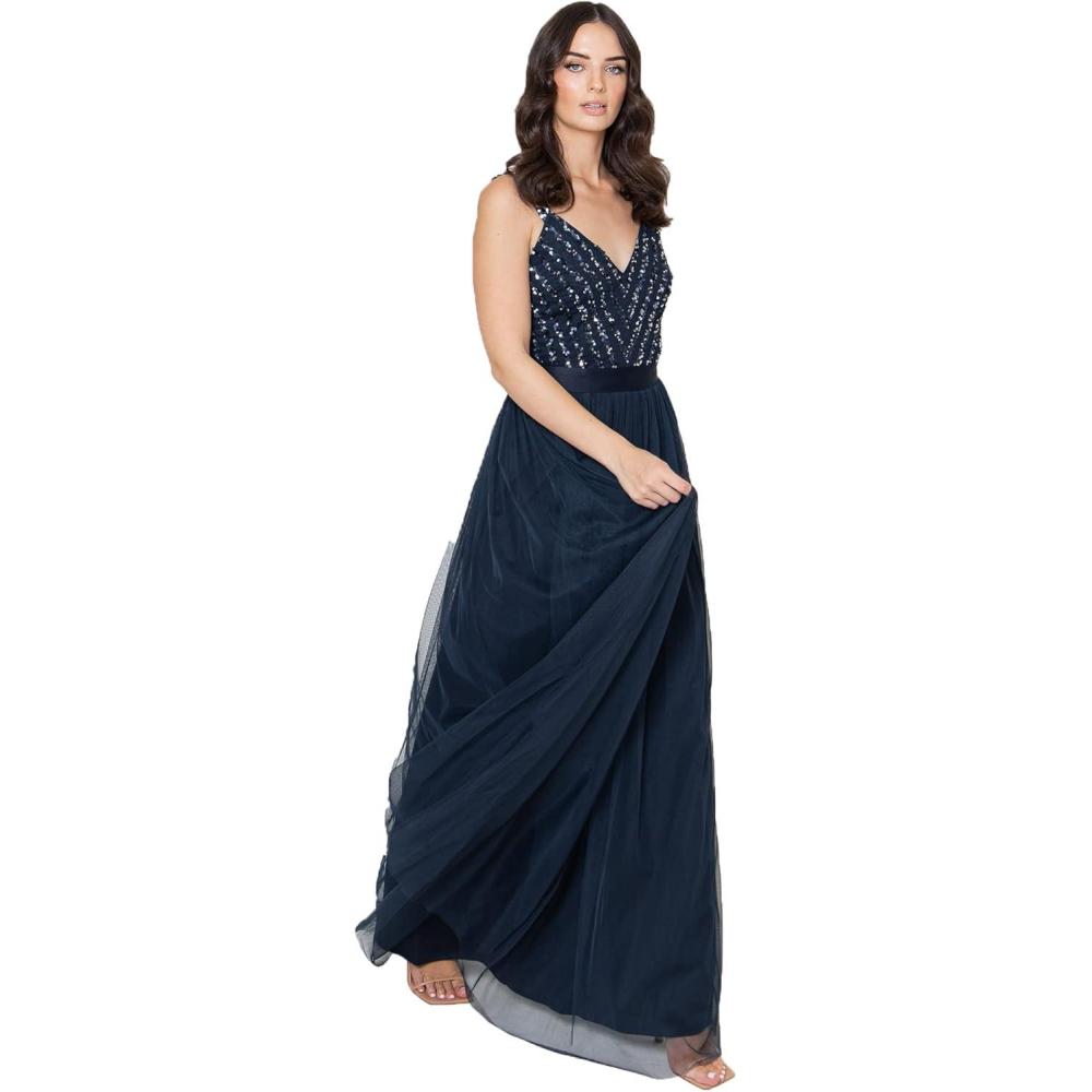 imageMaya Deluxe Maya Deluxe Robe de Soire Femme Maxi Robe de Soire Longue sans Manches Robe Demoiselle dhonneur Col V Crmonie Robe de Bal Femme Lot de 1Bleu Marine