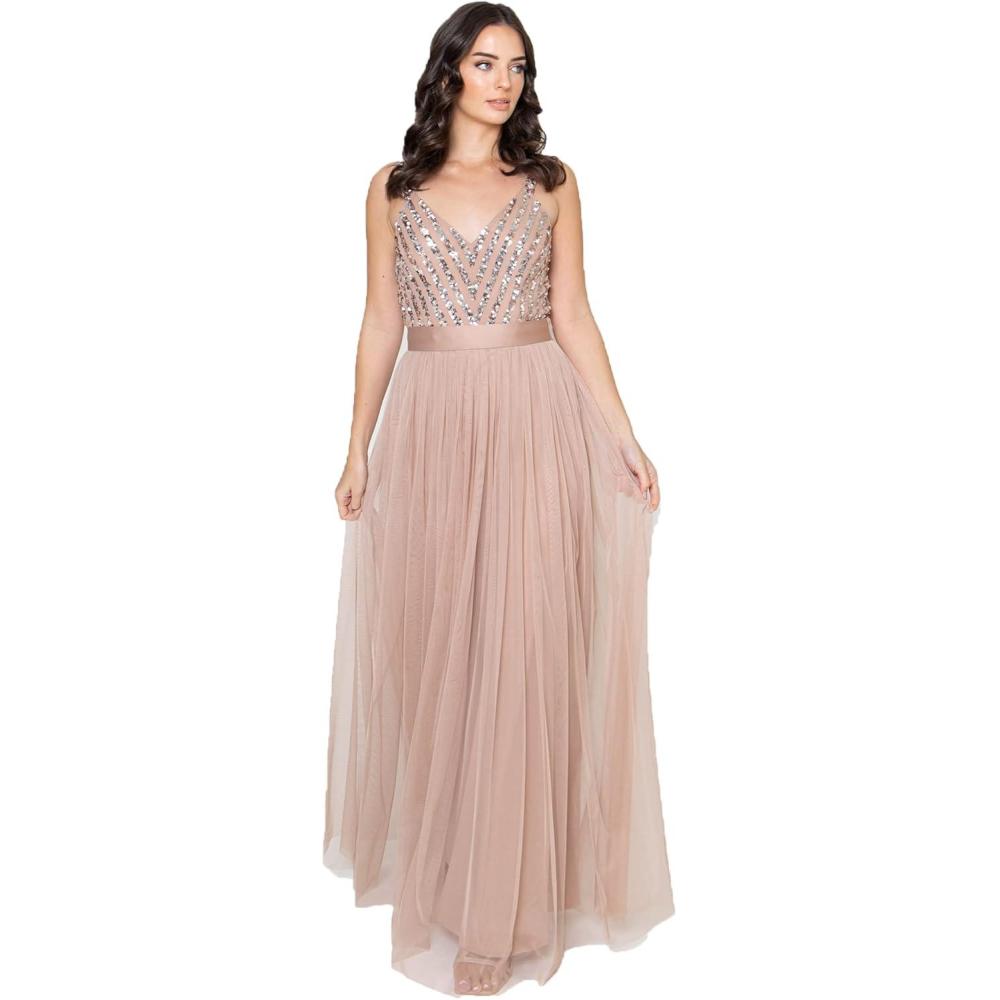 imageMaya Deluxe Maya Deluxe Robe de Soire Femme Maxi Robe de Soire Longue sans Manches Robe Demoiselle dhonneur Col V Crmonie Robe de Bal Femme Lot de 1Blush Taupe