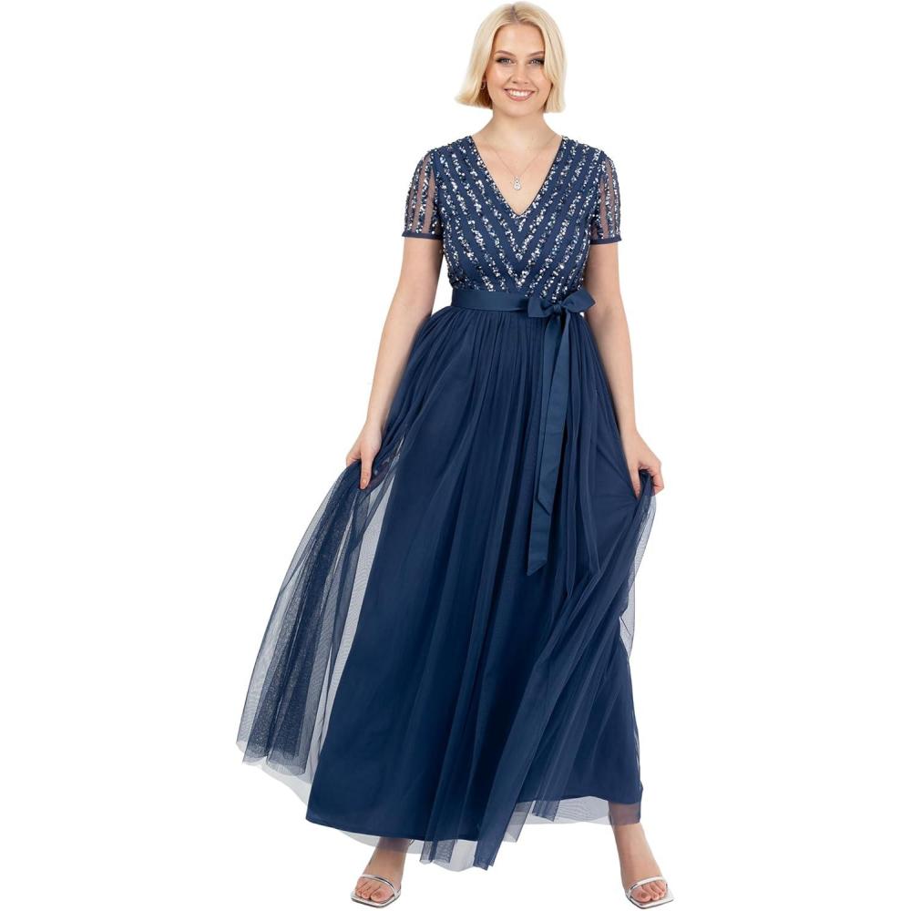 imageMaya Deluxe Robe Maxi pour FemmeCol en VManches Courteslgante Taille EmpireMariageFrench Navy
