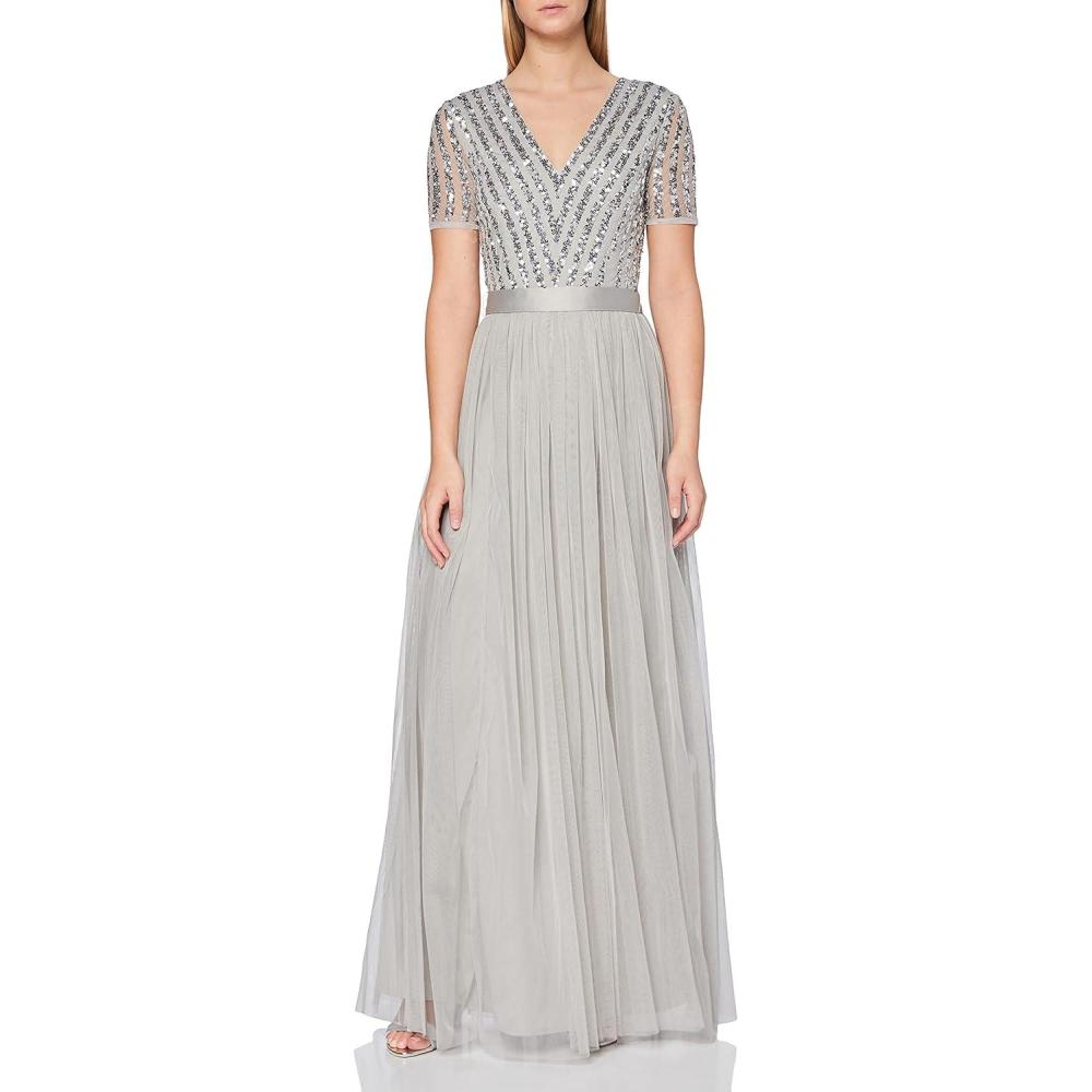 imageMaya Deluxe Robe Maxi pour FemmeCol en VManches Courteslgante Taille EmpireMariageGris Clair