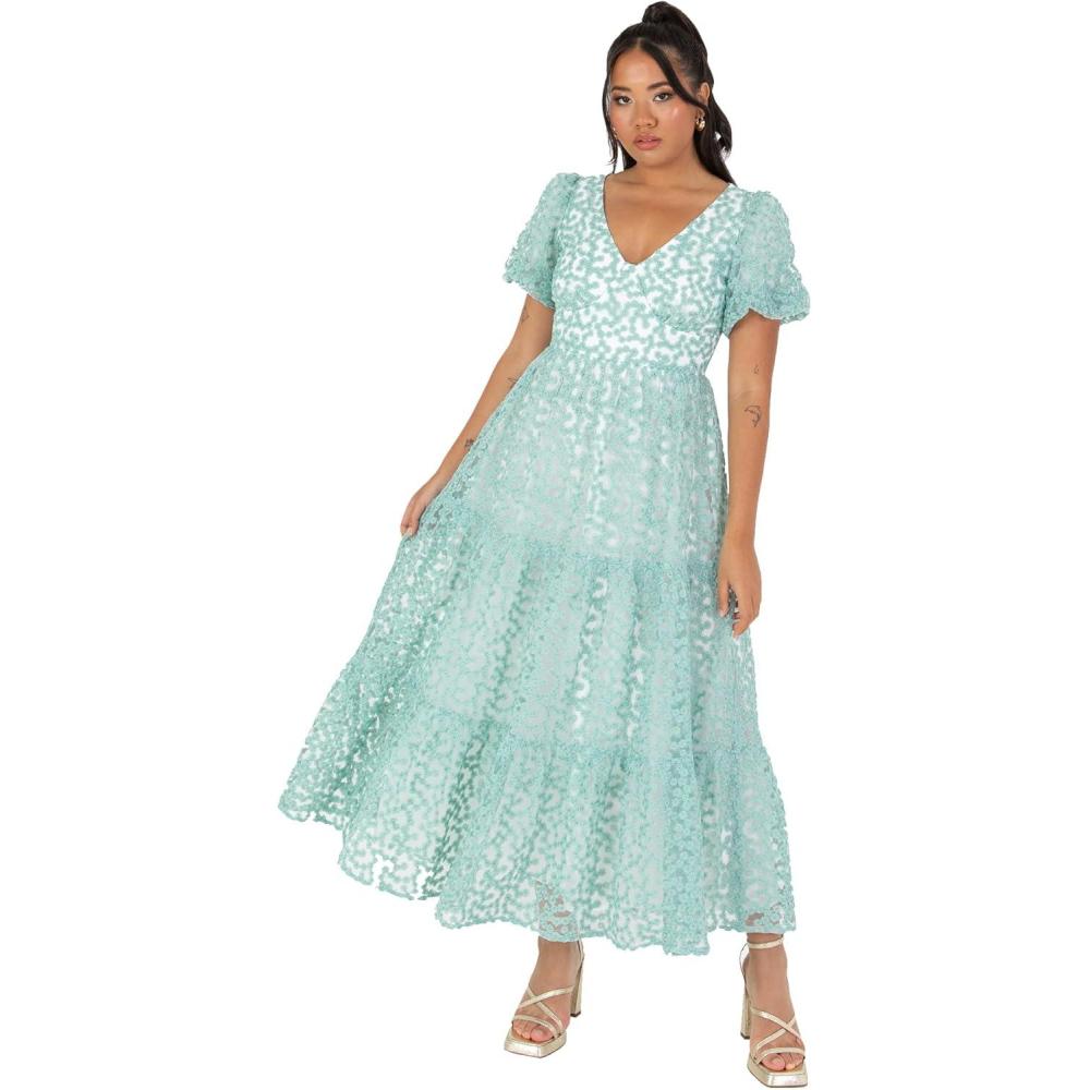 imageMaya Deluxe Robe midi pour Femme col en V Manches Courtes Bouffantes dans Le Dos Broderie Florale nud Nouer Ligne A pour invites de Mariage Bal de Fin danne Menthe 50