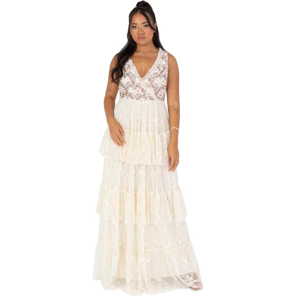 imageMaya Deluxe Womens Ladies Maxi Dress Sleeveless VNeckline Wrap Tiered Ruffle Sequin Embellished Embroidered Tulle ALine Ball GownEcru