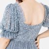 Maya Deluxe Ladies Dress for Women Midi Sequin Embellished Frilly Sweetheart Neckline Puffed Sleeves for Wedding Guest Prom Evening Robe Femme (Lot de 1)(Dusty Blue)
