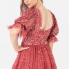 Maya Deluxe Ladies Dress for Women Midi Sequin Embellished Frilly Sweetheart Neckline Puffed Sleeves for Wedding Guest Prom Evening Robe Femme (Lot de 1)(Vermillion)