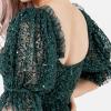 Maya Deluxe Ladies Dress for Women Midi Sequin Embellished Frilly Sweetheart Neckline Puffed Sleeves for Wedding Guest Prom Evening Robe Femme (Lot de 1)(Emerald Green)