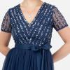 Maya Deluxe Robe Maxi pour Femme-Col en V-Manches Courtes-Élégante Taille Empire-Mariage(French Navy)