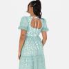 Maya Deluxe Robe midi pour Femme, col en V, Manches Courtes Bouffantes dans Le Dos, Broderie Florale, nœud à Nouer, Ligne A, pour invitées de Mariage, Bal de Fin d&rsquo;année, Menthe, 50